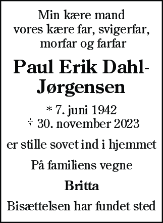 Dødsannonce for Paul Erik Dahl-Jørgensen