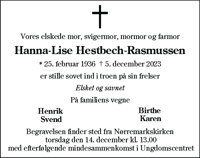 Dødsannonce for Hanna-Lise Hestbech-Rasmussen