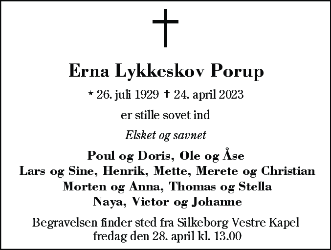 Dødsannonce for Erna Lykkeskov Porup
