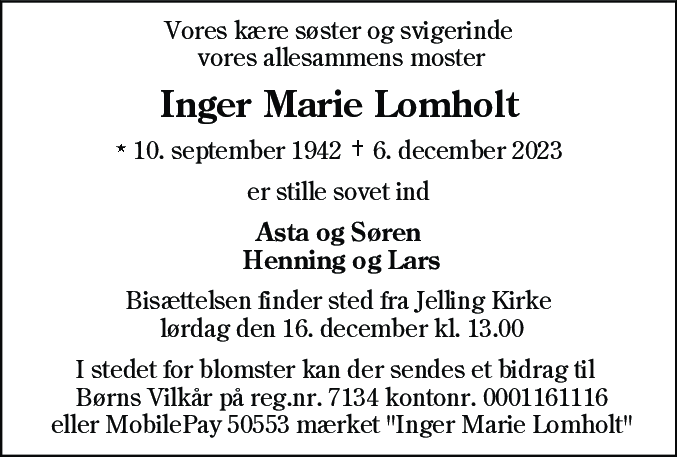 Dødsannonce for Inger Marie Lomholt