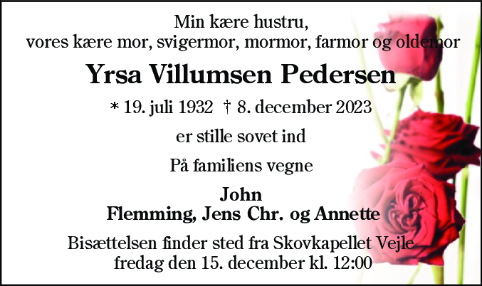 Dødsannonce for Yrsa Villumsen Pedersen