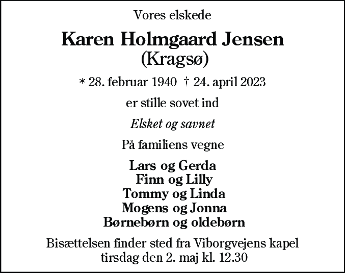 Dødsannonce for Karen Holmgaard Jensen