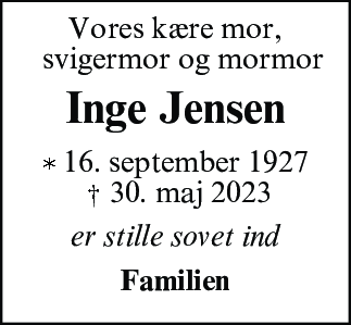 Dødsannonce for Inge Jensen
