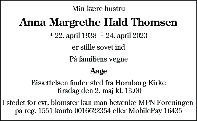 Dødsannonce for Anna Margrethe Hald Thomsen