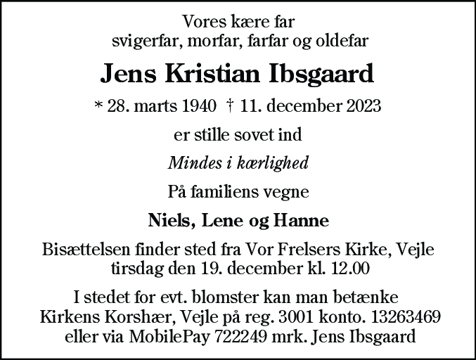 Dødsannonce for Jens Kristian Ibsgaard