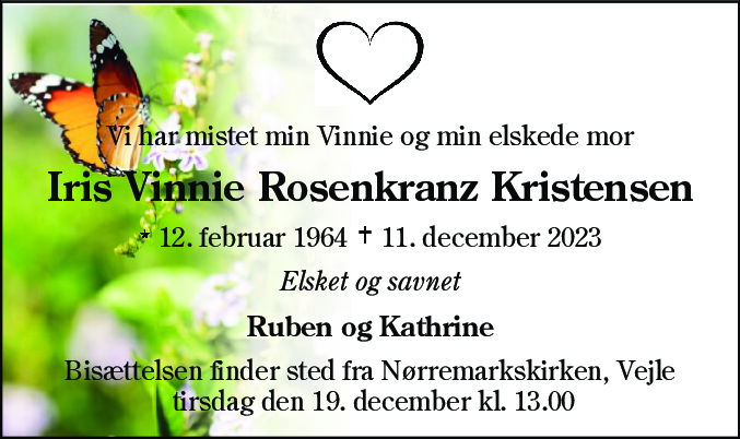 Dødsannonce for Iris Vinnie Rosenkranz Kristensen