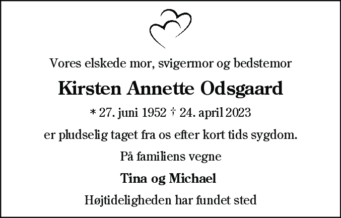 Dødsannonce for Kirsten Annette Odsgaard