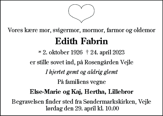 Dødsannonce for Edith Fabrin