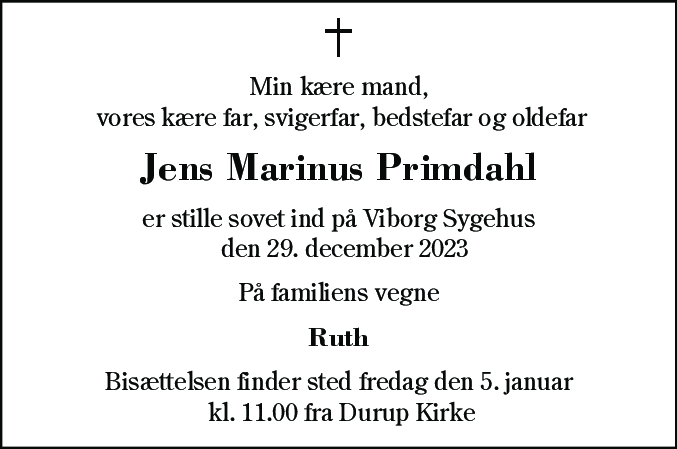 Dødsannonce for Jens Marinus Primdahl