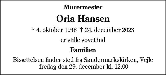 Dødsannonce for Orla Hansen