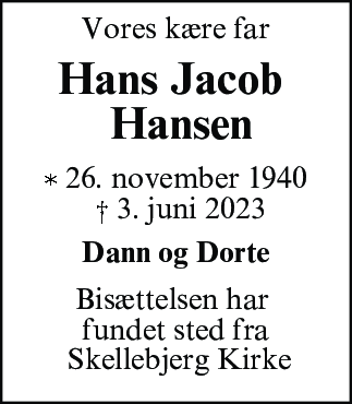 Dødsannonce for Hans Jacob Hansen