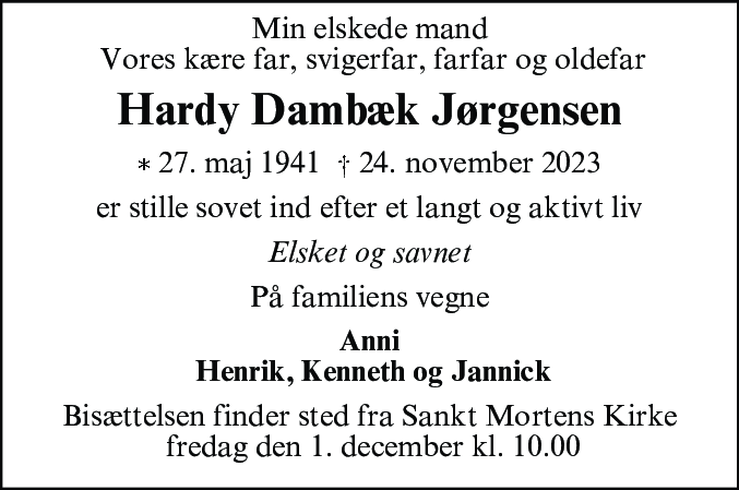 Dødsannonce for Hardy Dambæk Jørgensen