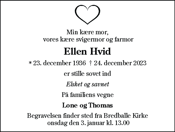 Dødsannonce for Ellen Hvid