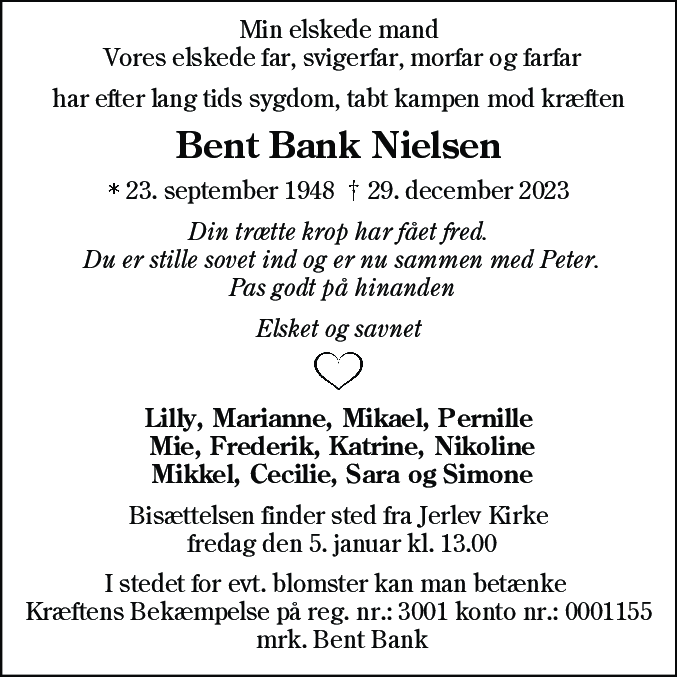 Dødsannonce for Bent Bank Nielsen