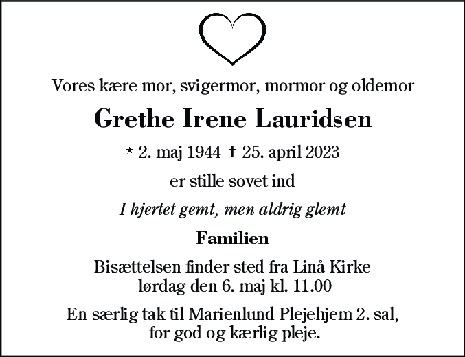 Dødsannonce for Grethe Irene Lauridsen