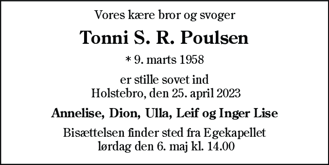 Dødsannonce for Tonni Skov Randeris Poulsen