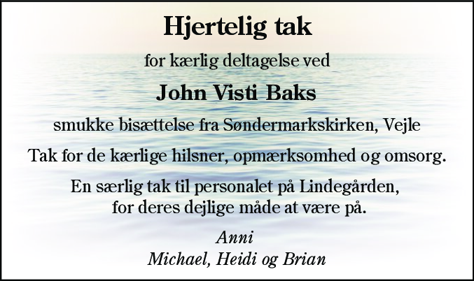 Dødsannonce for John Visti Bak