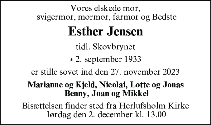 Dødsannonce for Esther Betty Jensen