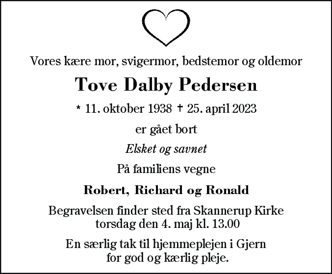 Dødsannonce for Tove Pedersen