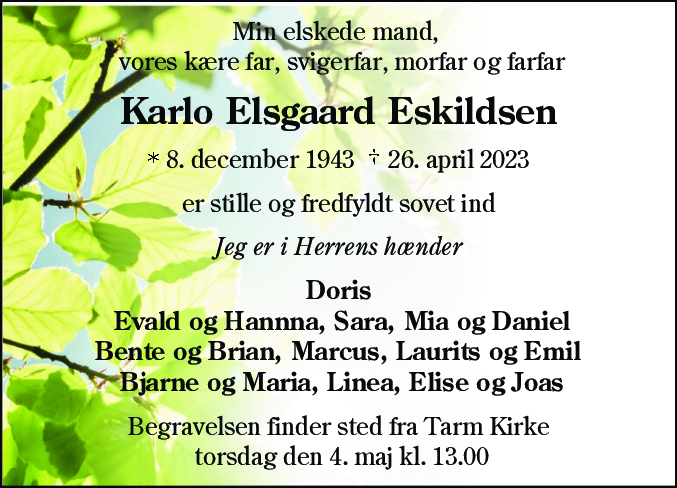 Dødsannonce for Karlo Elsgaard Eskildsen