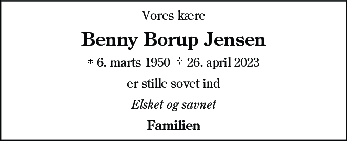 Dødsannonce for Benny Borup Jensen