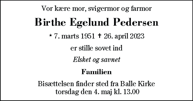 Dødsannonce for Birthe Egelund Pedersen