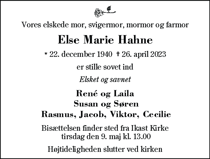 Dødsannonce for Else Marie Hahne