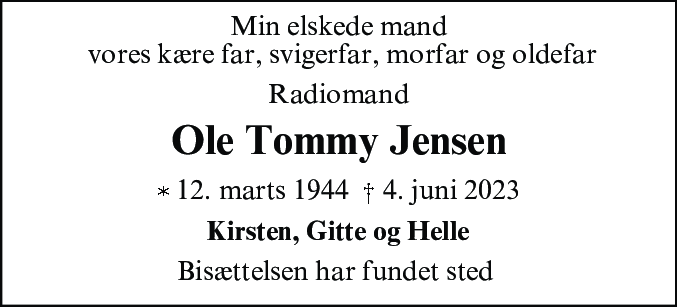 Dødsannonce for Ole Tommy Jensen