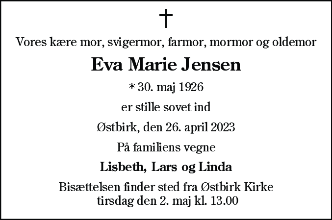 Dødsannonce for Eva Marie Jensen