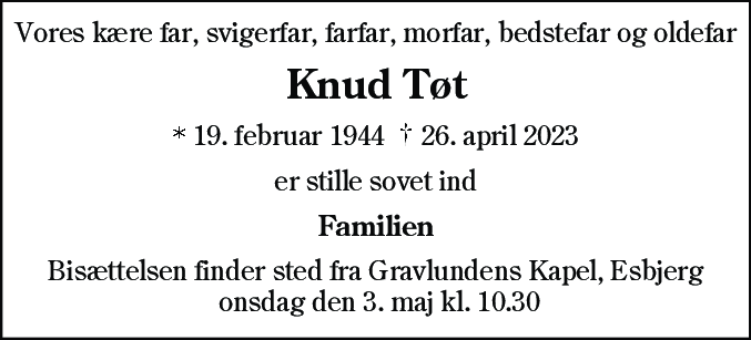 Dødsannonce for Knud Tøt