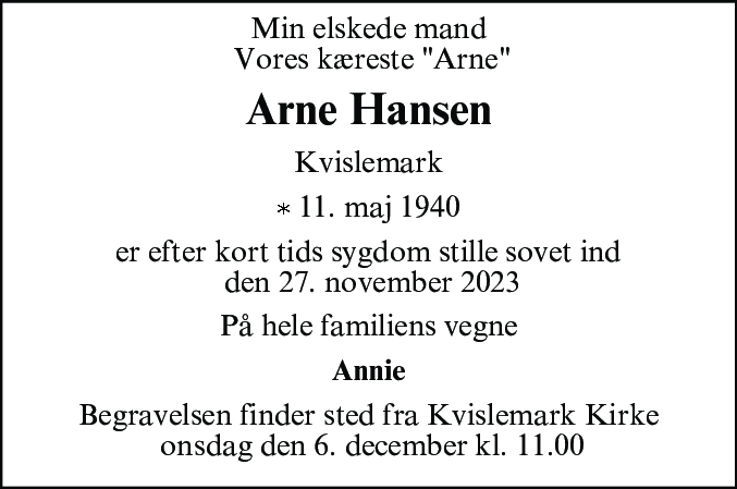 Dødsannonce for Peter Arne Hansen