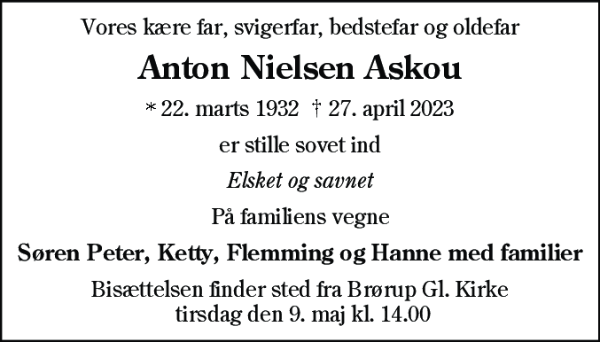 Dødsannonce for Anton Nielsen Askou