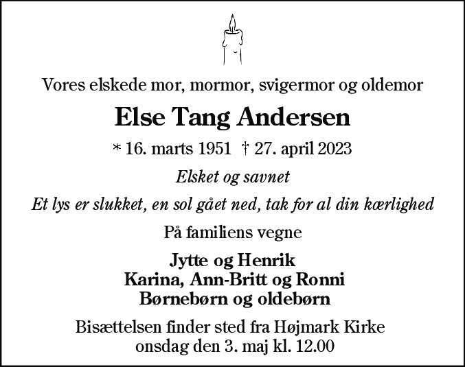 Dødsannonce for Else Tang Andersen
