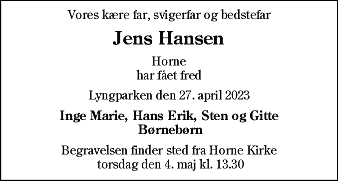 Dødsannonce for Jens Hansen