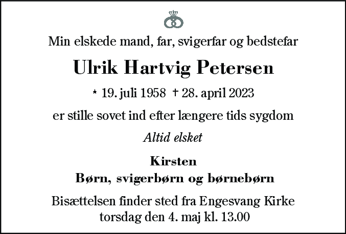 Dødsannonce for Ulrik Hartvig Petersen
