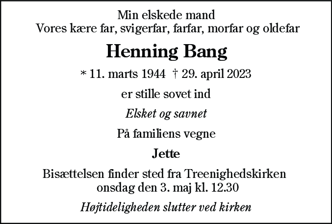 Dødsannonce for Henning Bang