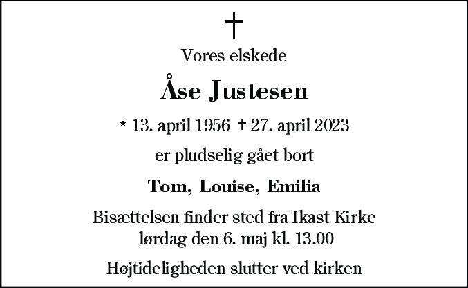 Dødsannonce for Åse Justesen