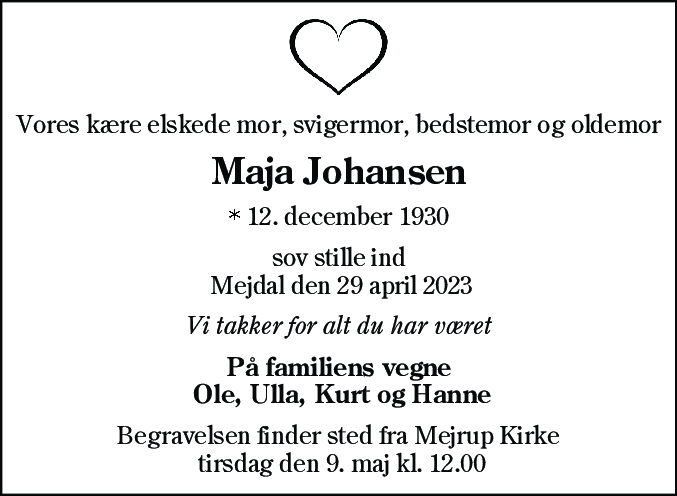 Dødsannonce for Maja Johansen