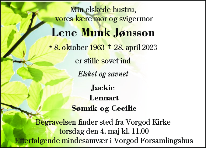 Dødsannonce for Lene Jønsson