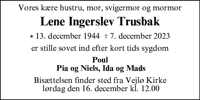 Dødsannonce for Lene Ingerslev Trusbak