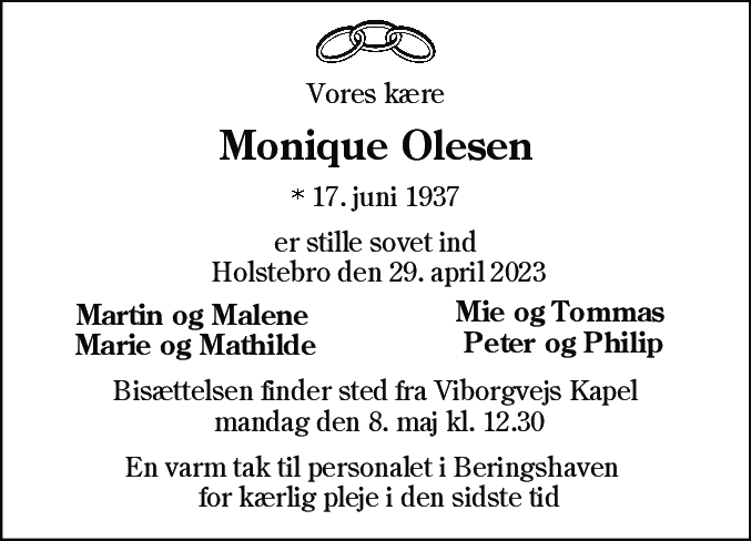 Dødsannonce for Monique Annelise Olesen