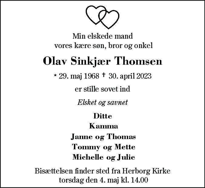 Dødsannonce for Olav Sinkjær Thomsen