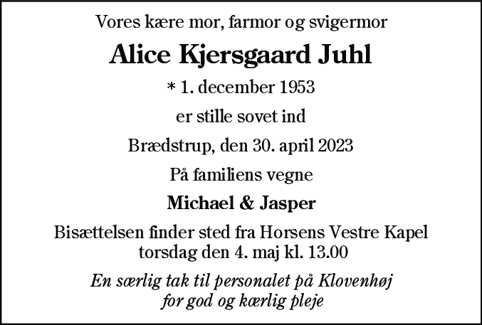 Dødsannonce for Alice Kjersgaard Juhl
