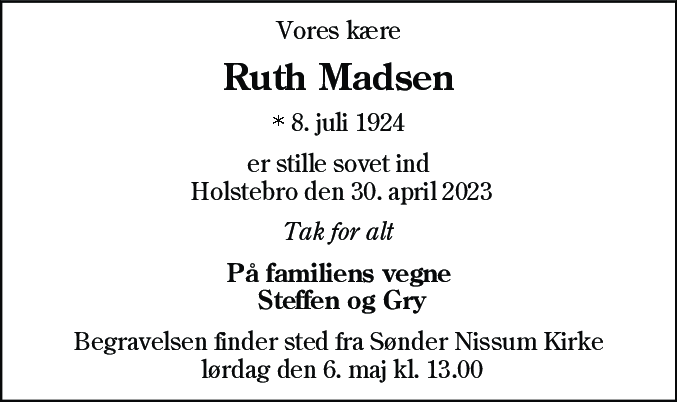 Dødsannonce for Ruth Madsen