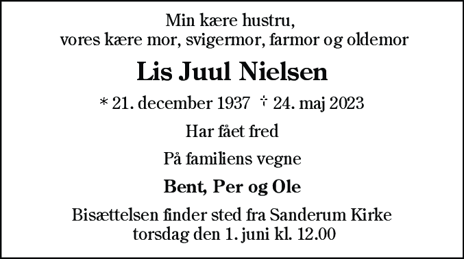 Dødsannonce for Lis Juul Nielsen