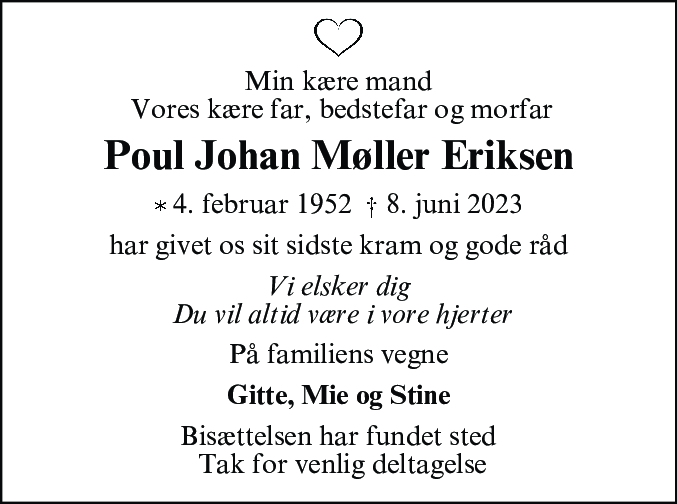 Dødsannonce for Poul Johan Møller Eriksen