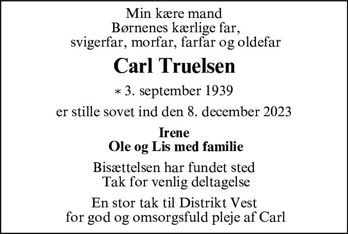 Dødsannonce for Carl Truelsen