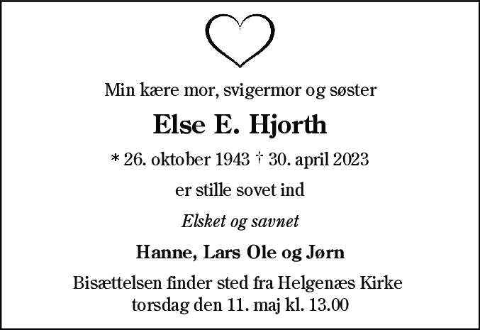 Dødsannonce for Else Hjorth