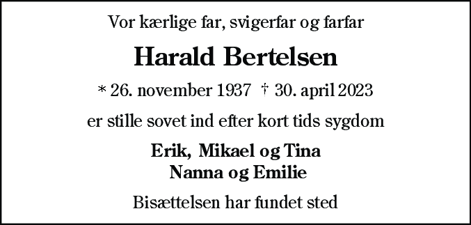 Dødsannonce for Harald Bertelsen