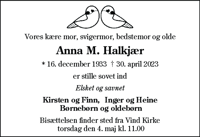 Dødsannonce for Anna Margrethe Halkjær